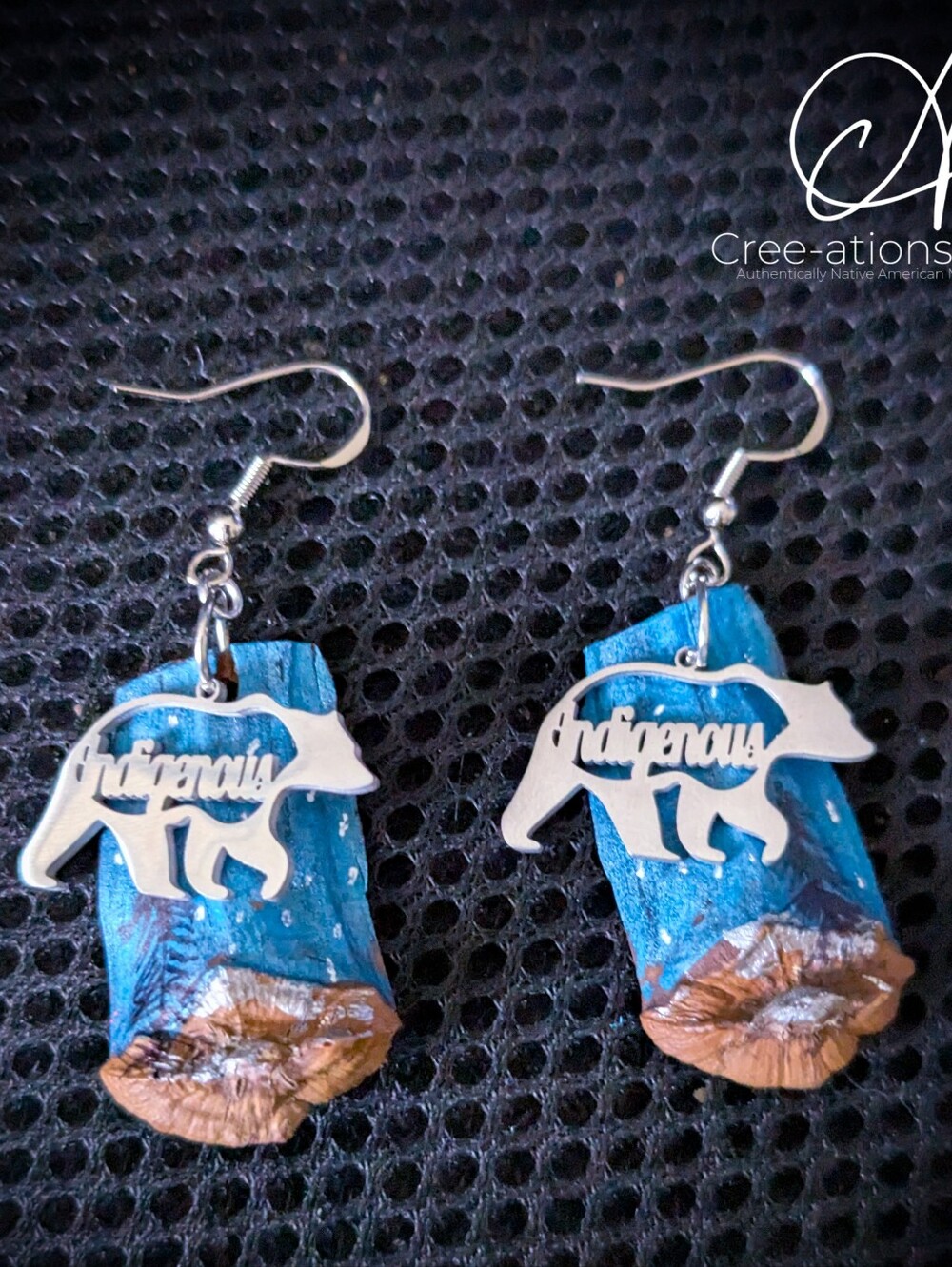 Native "Indigenous" Bear Earrings On Hand Painted Forest Pine Cone Petals